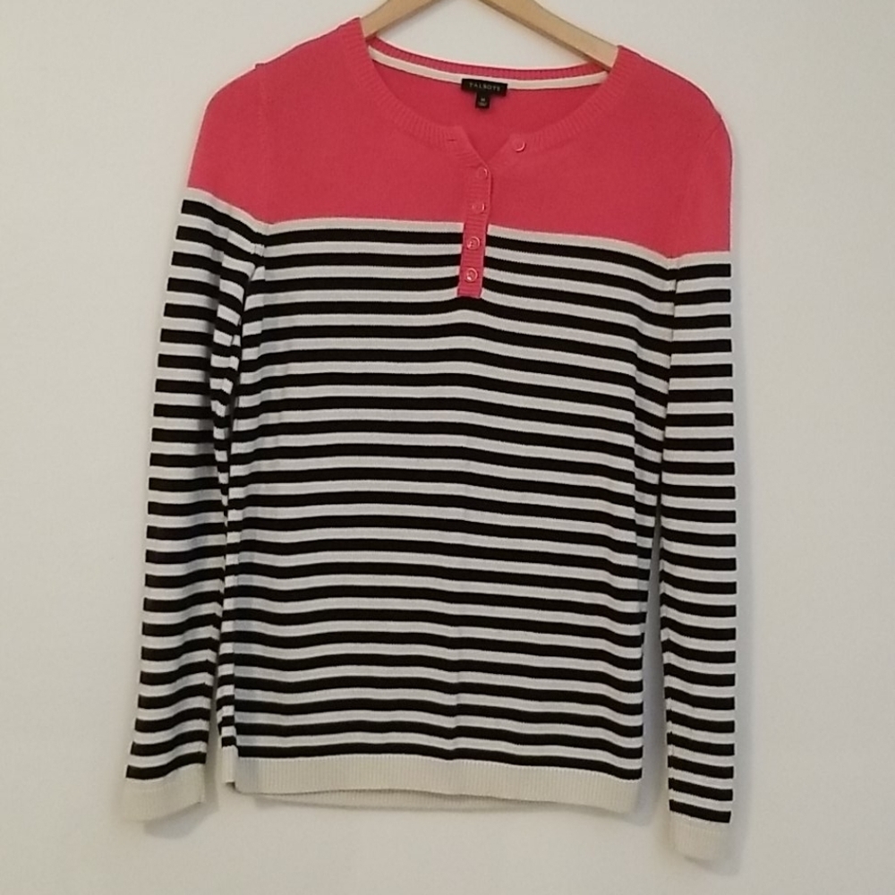 Talbots Striped Hot Pink Black Cotton Rayon Crew Neck Sweater Top sz M